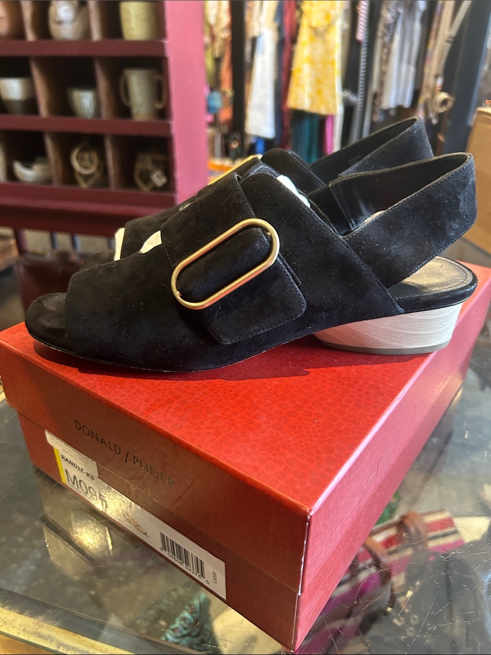 Donald J. Pliner Black Suede Slingback Sandals with Gold Buckle